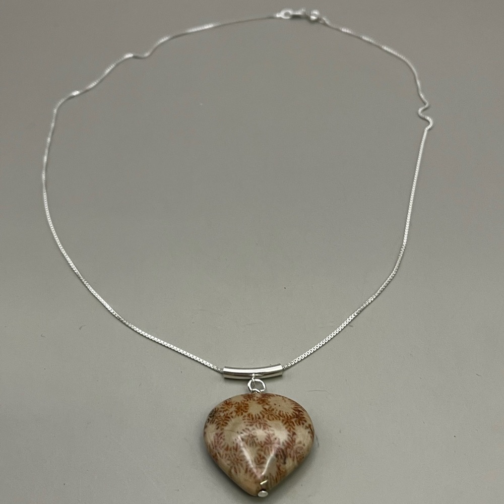 Heart-Shaped Brown Fossil Coral Stone Necklace with Sterling Silver Chain - Picture 3 of 5